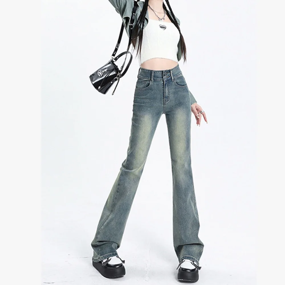 High Waist Stretch Jeans Women Spring Breasted Slim Flare Pants Women Denim Trousers Washed Pockets Regular Jean Pants Female