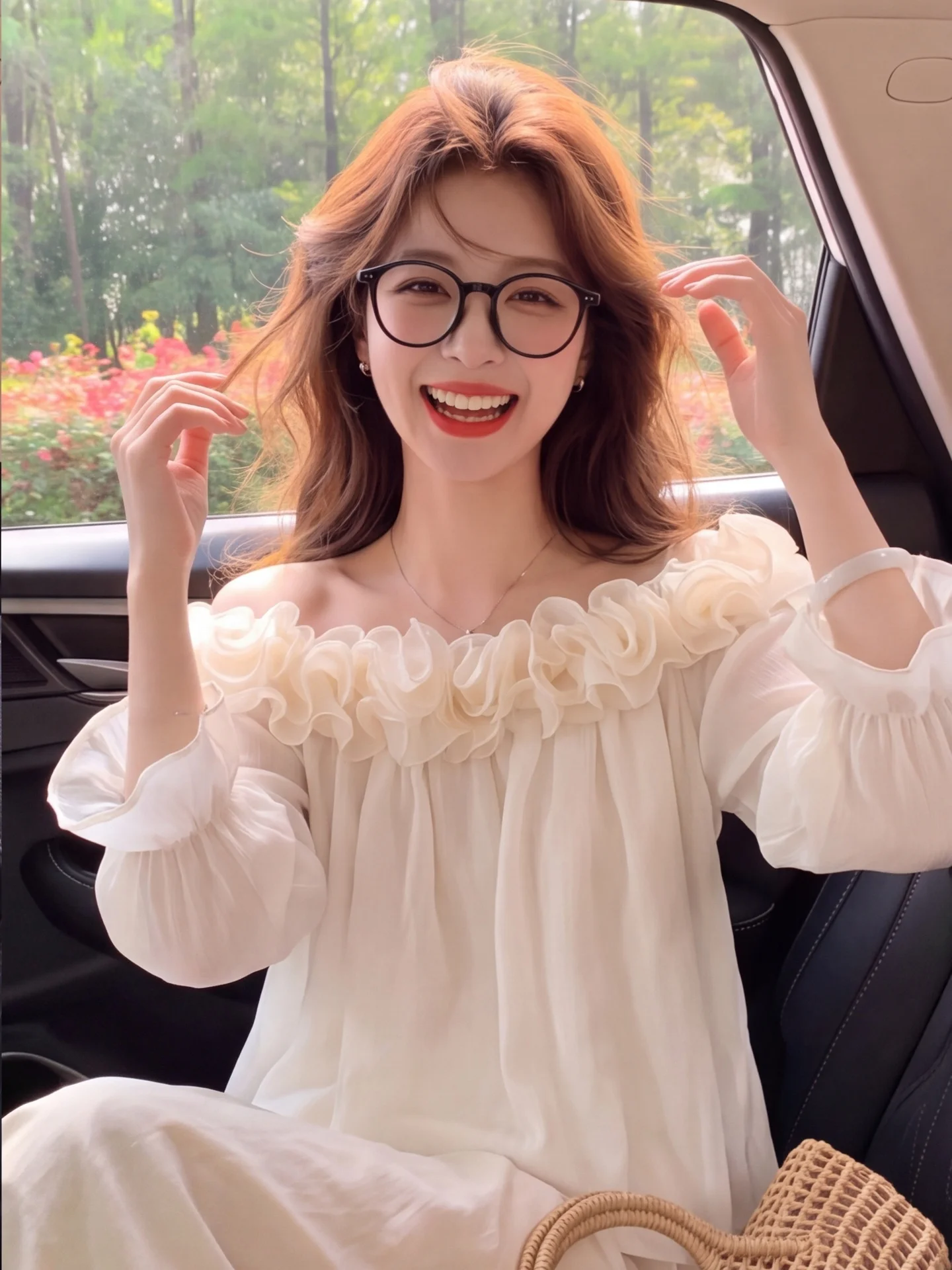La Chapelle Long Sleeve Floral Embellished Chiffon Blouse Women's Fashionable Shoulder Bared Shirt Versatile Spring Autumn