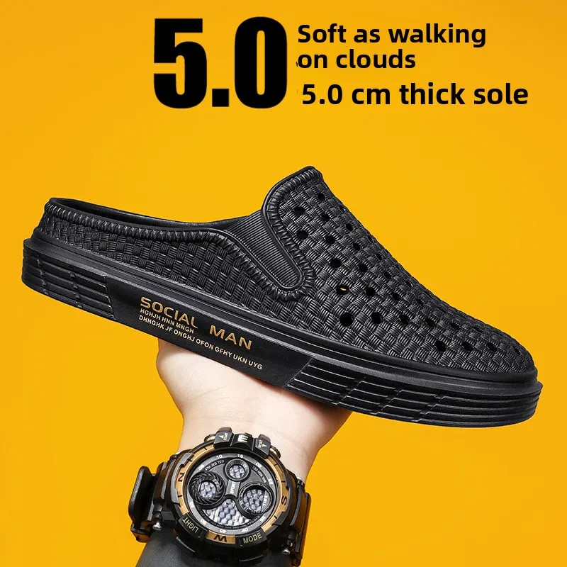 

Summer Men's Office Anti-Slip Black Headed Slippers Outdoor Sports Sandals No-Back EVA Flat Heel Rubber Bottom Casual Shoes