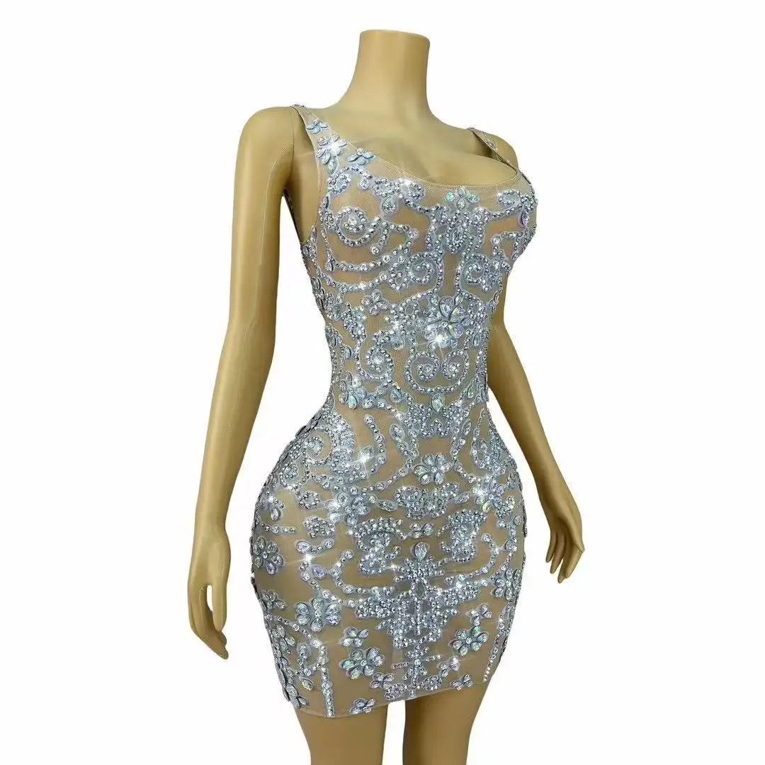 Seksowna scena elegancka impreza migające cyrkonie przezroczysta siateczka krótka sukienka wieczorowa urodziny świętuj strój kostium do sesji zdjęciowej