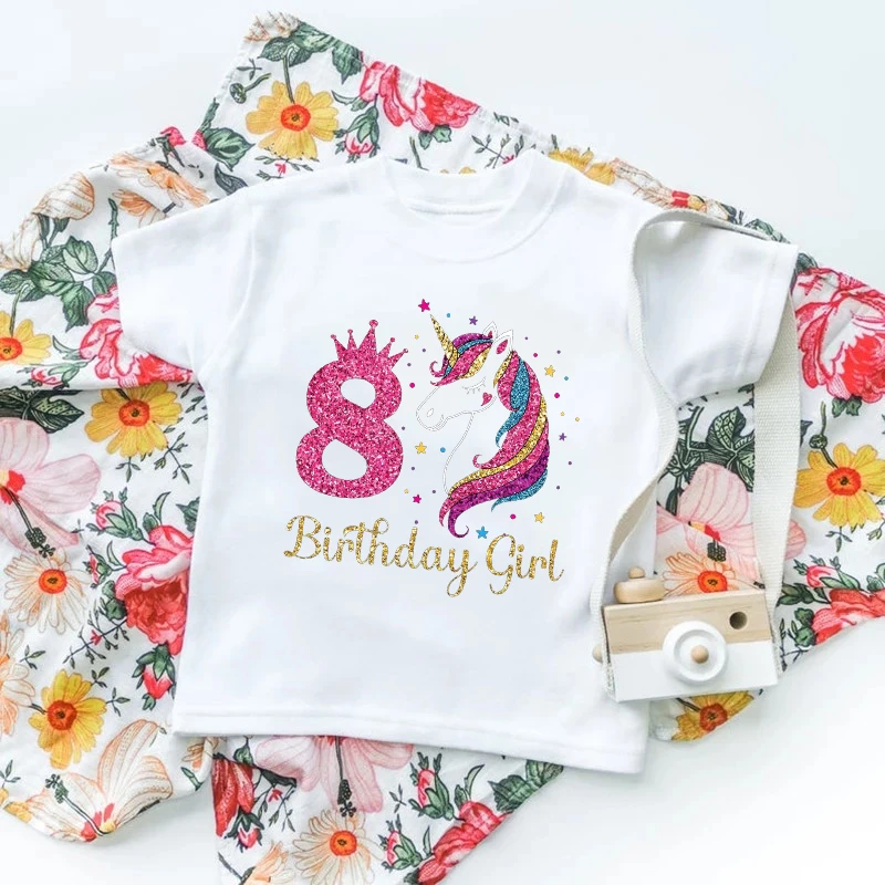 Unicorn Birthday Kids T-Shirts Cotton Short Sleeve Wild Tees Girls Party T Shirt Unicorn Theme Clothes Kids Gifts Fashion Tops