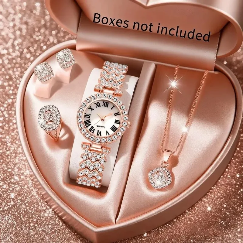 5PCS Luxury Rhinestone Women's Watch Jewelry Set Roman Quartz Wristwatch with Necklace Earrings Ring Reloj Mujer（Without Box） - view 2