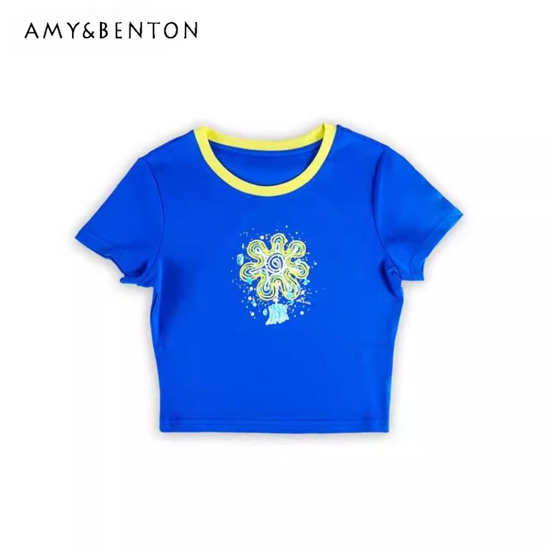 

Новинка 2025, желто-синий цветной блок, ручная роспись, женский топ с принтом, японский дизайн, универсальная женская футболка с коротким рукавом и круглым вырезом