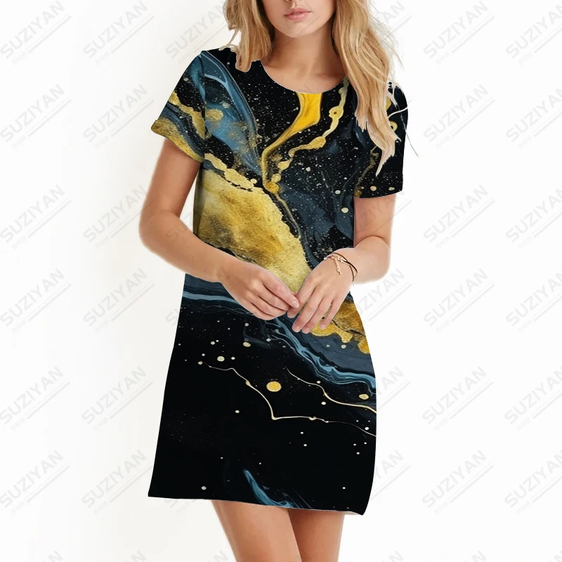 Summer Ladies Short Sleeve Dress Marble Texture 3D Printing Dress Holiday Beach Short Sleeve Dress Simple Versatile Dress