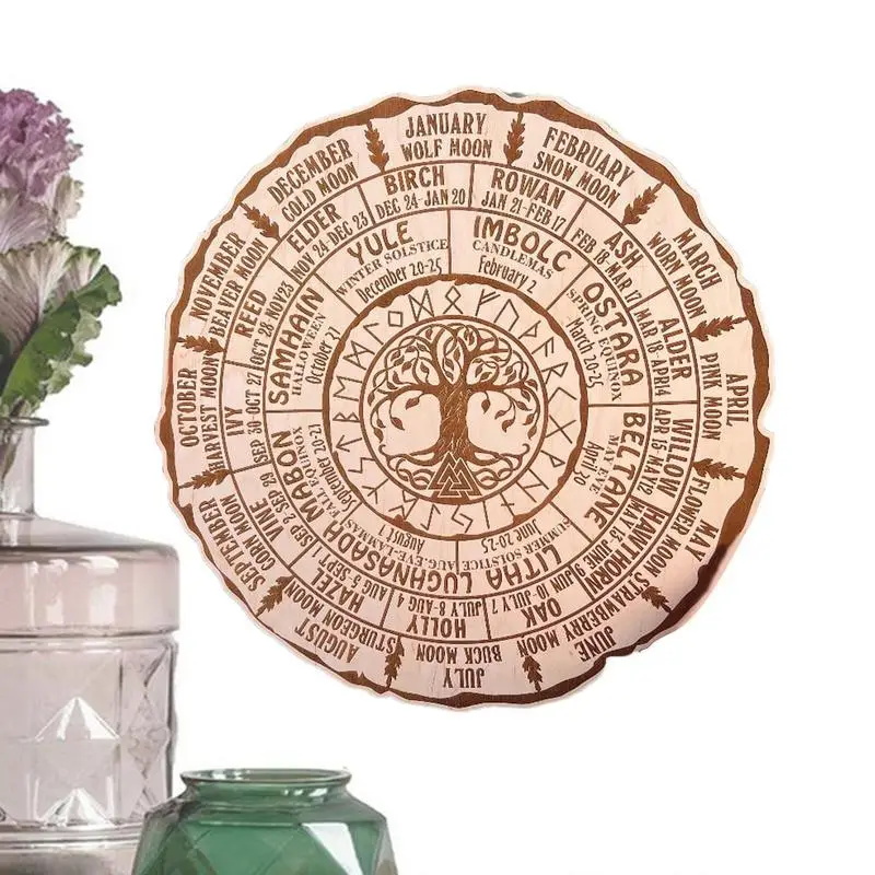 Wheel of the Year Wood Sign Wicca Calendar Round Wooden Vintage Handmade Celestial Sign Ornament for Sabbats Pagan Witch Sign