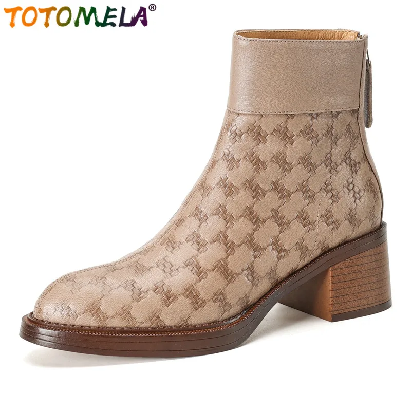 TOTOMELA Size 34-40 Genuine Leather Boots Women Shoes Zipper Square Heels Ankle Boots Round Toe Fashion Autumn Winter Shoes