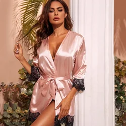 Sexy Women Home Dressing Gown Lingerie Lace Patchwork Satin Robe Set Nightwear Casual Sleepwear Kimono Bathrobe Home Nightdress