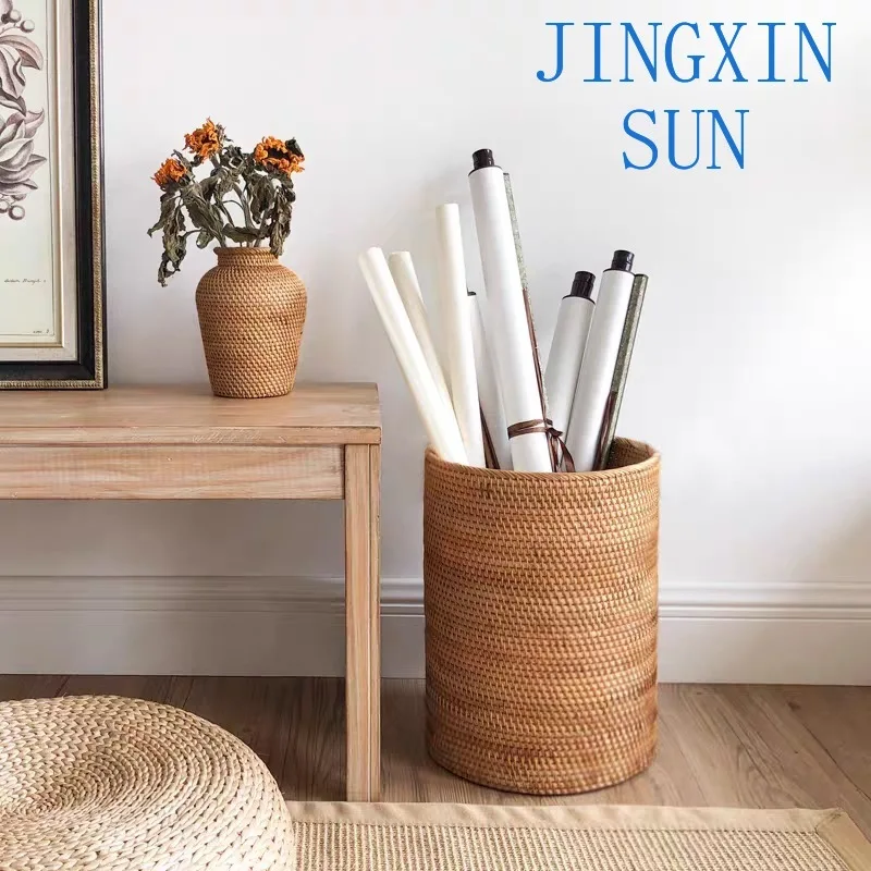 South East Asia rattan painting and calligraphy tube study storage basket scroll picture barrel calligraphy and painting basket