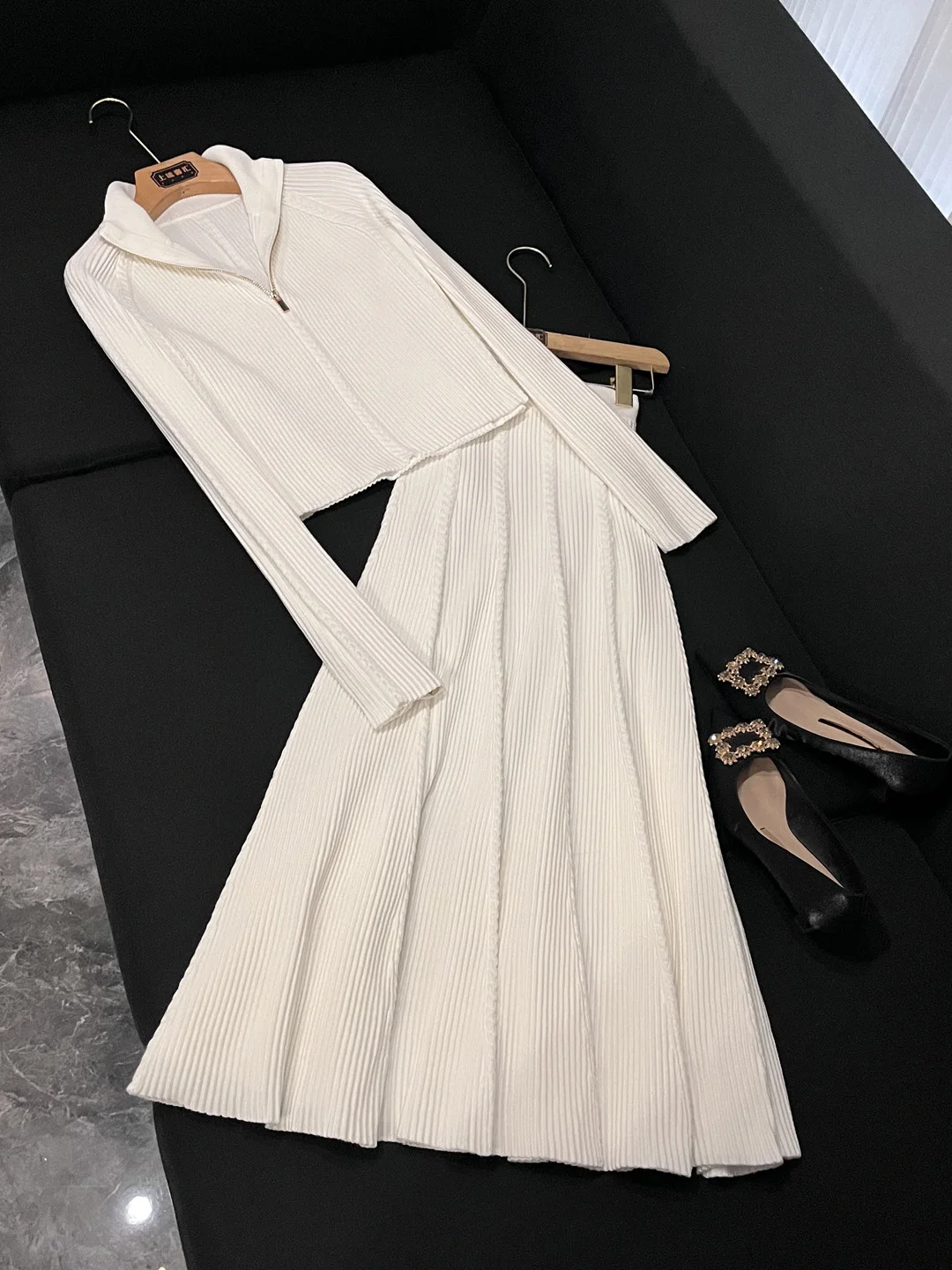 أبيض عالي الخصر طويل Sve محبوك بلوزات و f تنورة مجموعة الخريف الشتاء جولة Ne سستة تصميم Faionable المرأة فرقة #1