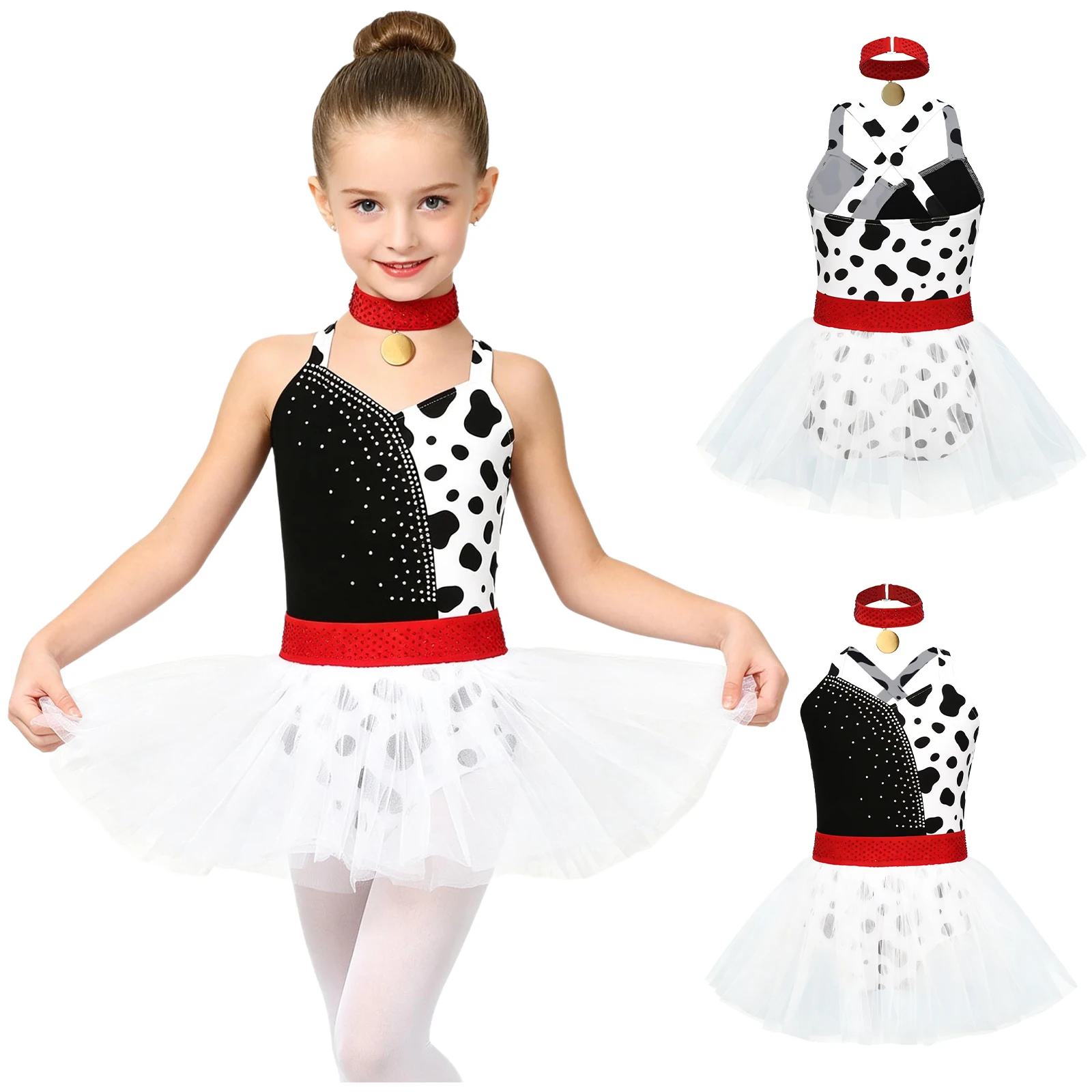 Kids Girls Dalmatians Cosplay Tutu Dress Rhinestones Spot-printed Tulle Hem Leotard Bodysuit Dress for Halloween Party Costumes