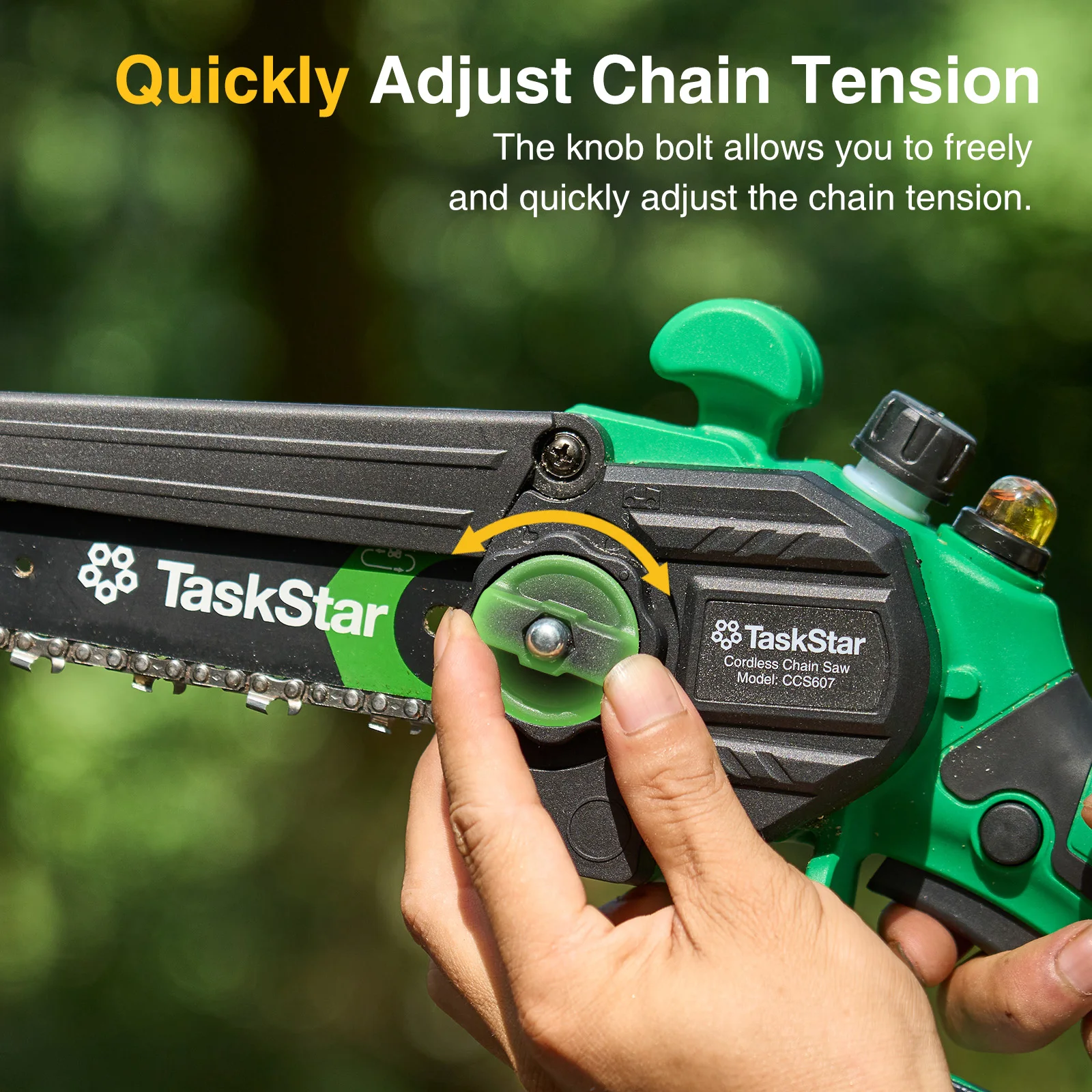 TaskStar 6-Zoll-Mini-Kettensäge, 700 W, Bürstenmotor, handgeführte elektrische Säge, manuelle Ölförderung, Gartensäge zum Beschneiden von Bäumen und zum Holzschneiden. für Makita 18V Akku-Pin – Detail 6