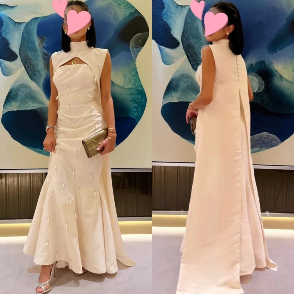 

Evening Satin Beading Ruched Graduation A-line High Collar Bespoke Occasion Gown Long Dresses Saudi Arabia