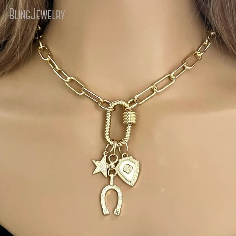 

10pcs Paperclip Chain Necklace Carabiner Screw Clasp CZ Charm Star Horseshoe Crest Clover Custom Jewelry