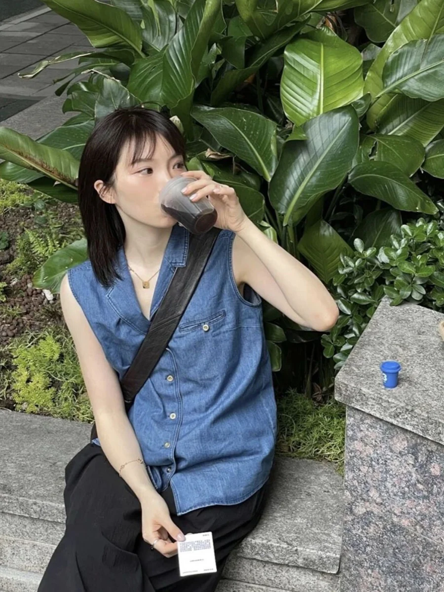 

Casual Japanese Sle Lazy Denim oulder Pad Vest Women Summer Faionable Slimming Collar Svel irt Loose Fit Open C...