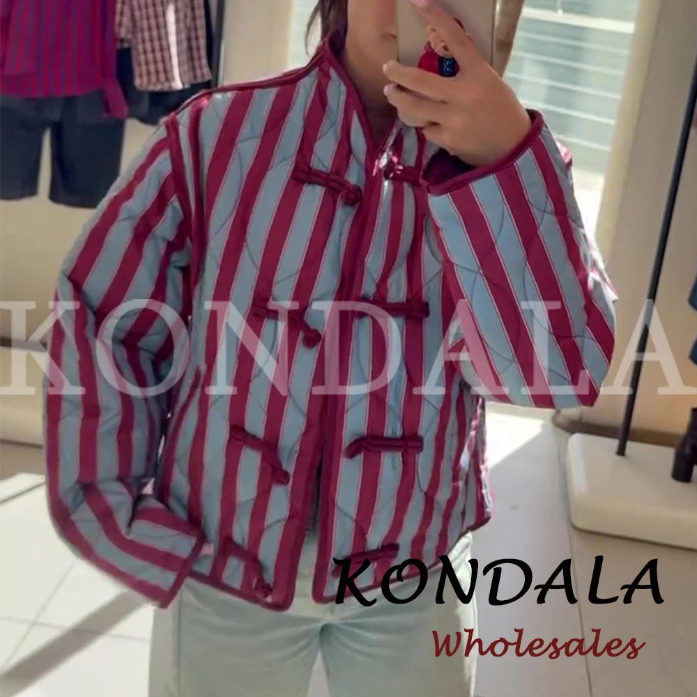 KONDALA Vintage Striped Fashion 2026 Women Outwear Chic Knots Loose Padded Jacket Streetwear High Street Y2K Casual Female Coat