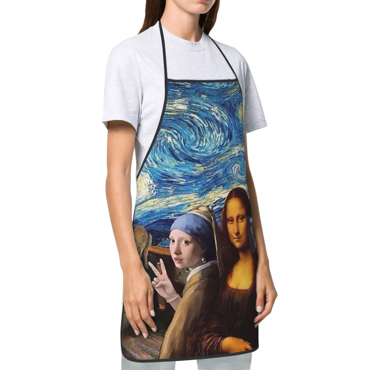 Funny Starry Night By Mona Lisa And Vincent Van Gogh Bib Aprons Men Women Kitchen Chef Tablier Cuisine for Cooking Baking