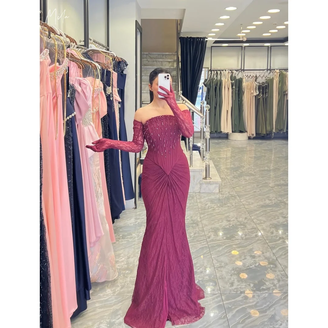

Mila Burgundy Lace Off Shoulder Prom Dresses Rhinestone Trim Long Sleeve Ruched Bodice Customized Formal Evening Mermaid Gown