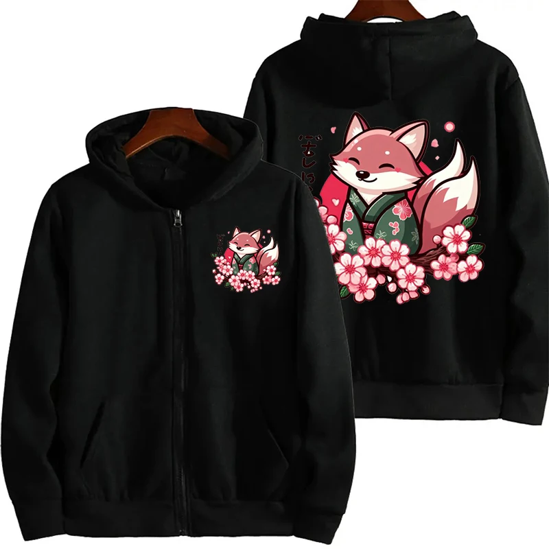 Sudadera con capucha y cremallera para mujer, ropa deportiva con estampado japonés de zorro, flor de cerezo, flor de Sakura, Estética de Anime