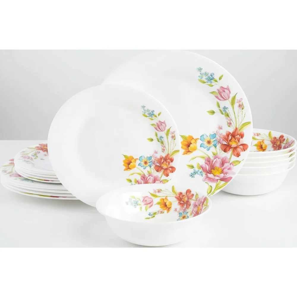 

Ultra Durable 18-Piece Dinnerware Set for Family - Break Resistant, Microwave & Dishwasher Safe Red Floral Design