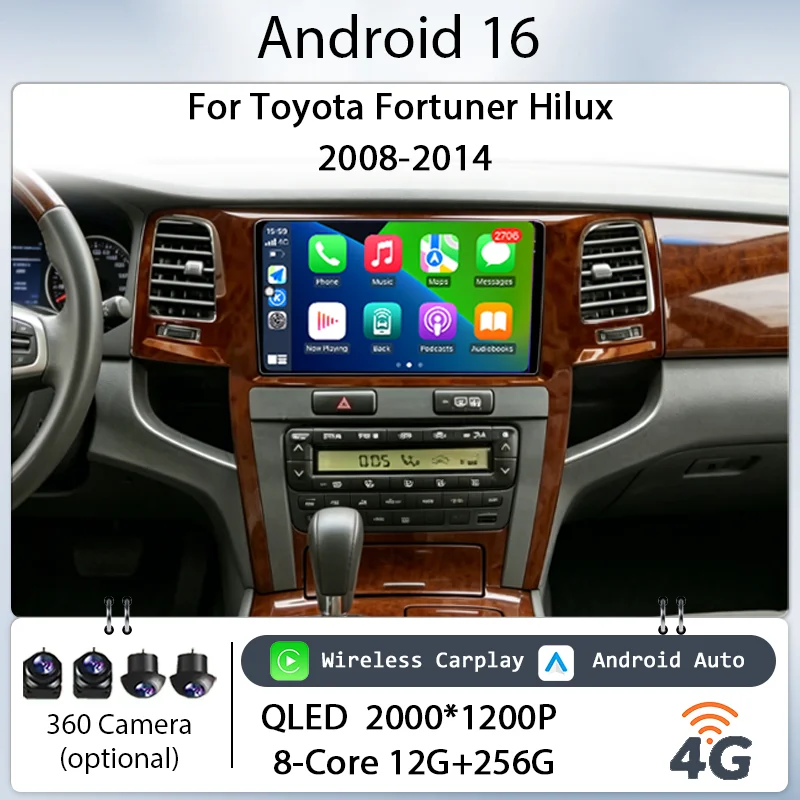 Android 16 IPS HD Touch Screen Wireless CarPlay for Toyota Fortuner Hilux 2008-2014 9