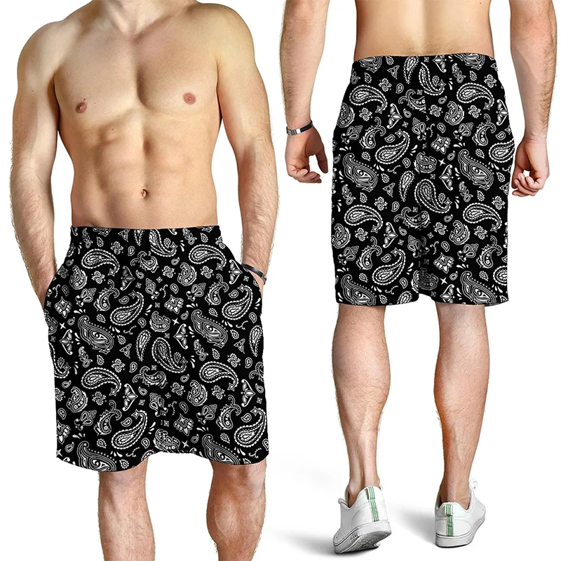 3D Print Black Paisley Bandana Pattern Shorts For Men Quick Dry Oversized Beach Shorts Homme Mens Swim Trunk Short Pants