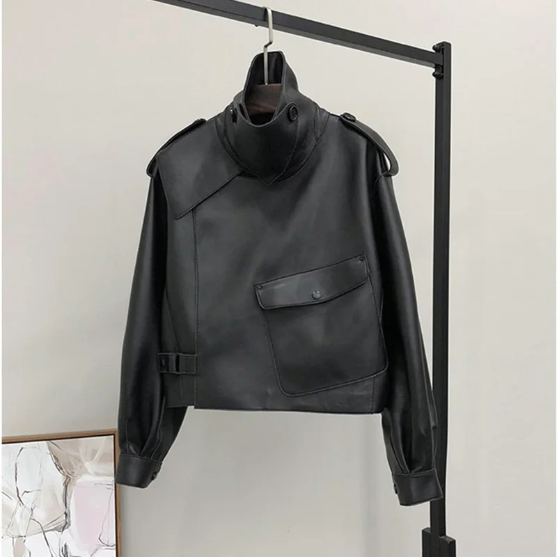 FMFSSOM-Veste courte en similicuir pour femme, manteau chaud coupe-vent, col rabattu, bouton unique, noir, moto motard, vêtements d'extérieur, printemps, 2024