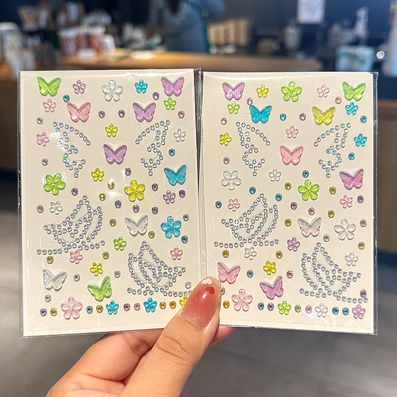 3-ألوان 5D لامعة الفراشة/الزهور/جولة الماس لصاقات وشم الوردي/واضح/أورورا بلينغ كريستال ملصق ملصقات ماكياج ذاتية الصنع