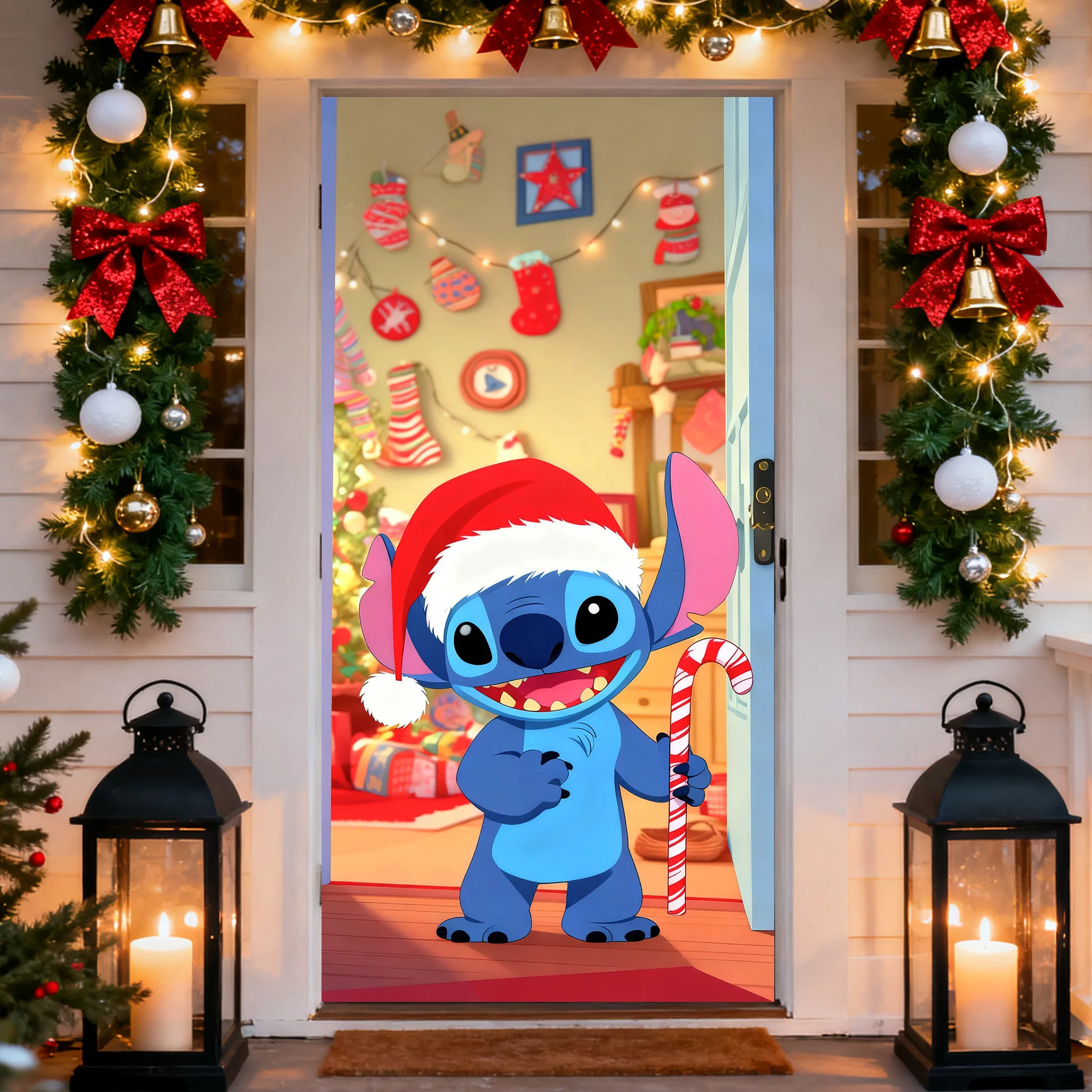 

New Year Christmas Theme Door cover background cartoon cute Stitch Christmas Eve Merry Christmas door decoration banner backdrop