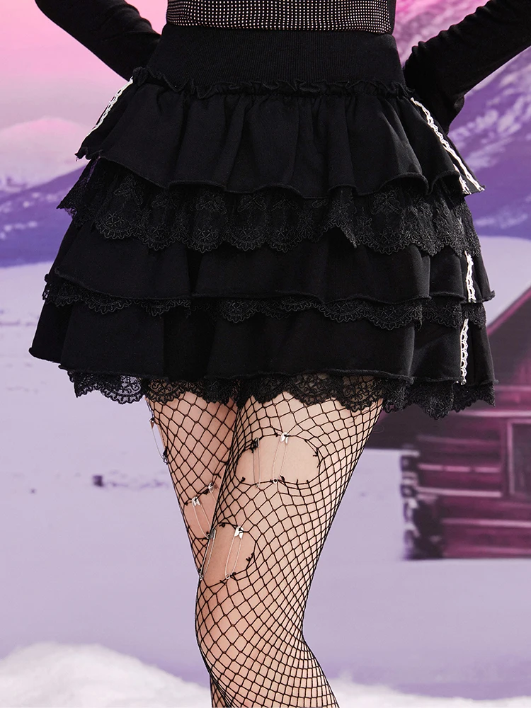 

American Sle Lace Me Splicing Cake Skirt High Waist Cotton Blend Loose Fit A-Line Silhouette Pure Color f-length Skirt