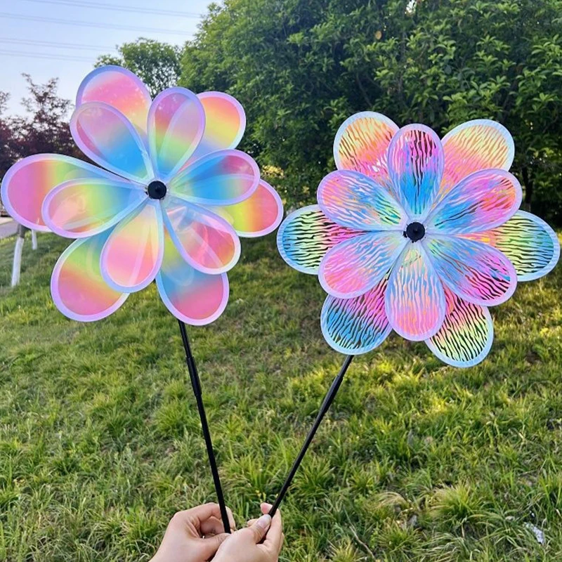 ~1 Piece Double Layer Color Film Color Changing Dazzling Windmill Rotating Wind Spinner Stake Standing Lawn Flower Pinwheel