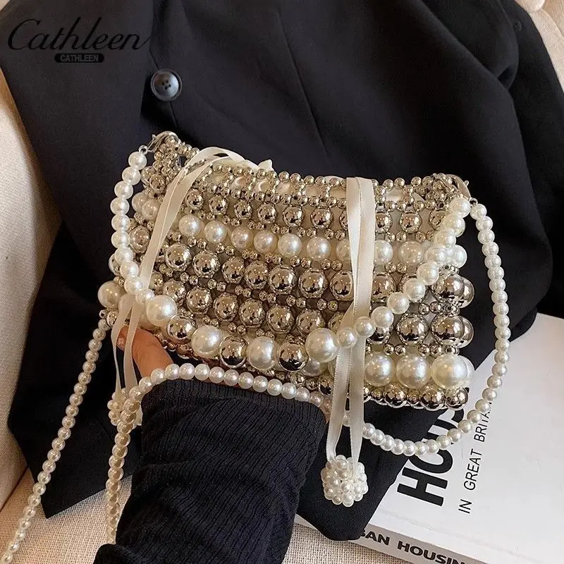 Pearl String Chain Bag Niche Handbag New Handmade Handbag Pearl Chain Woven Versatile Crossbody Bag Shoulder Bag Girls Bag