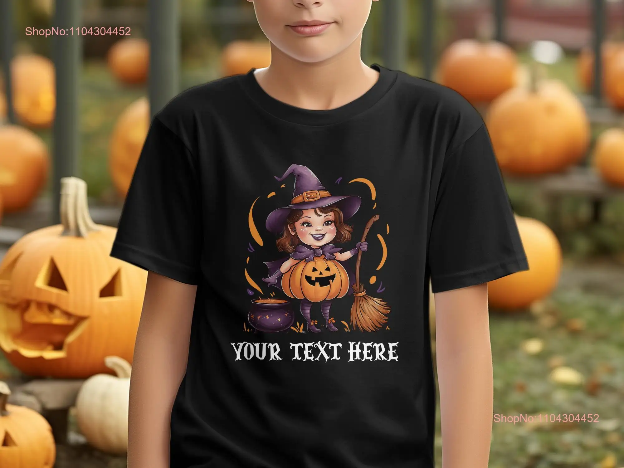 Cute Halloween Witch Girl T Shirt Pumpkin Costume Art Spooky Season Party Trick or Treat Festive Wear