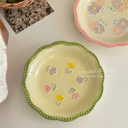 INS Hand-painted Tulip Plate Flower Relief Ceramic Plate Cute Girl Household Lace Plate High Grade and High-quality Tableware