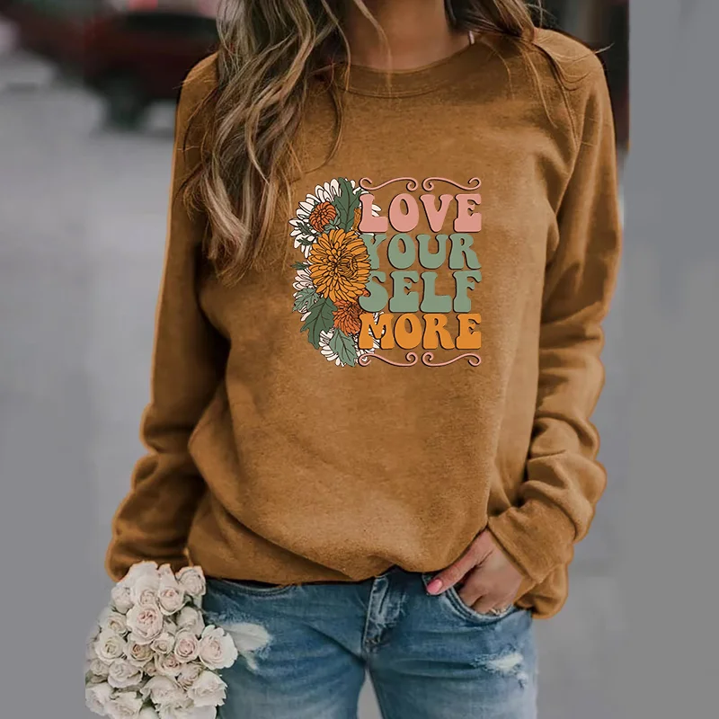 Fall new women's LOVE YOUR SELF MORE pullover retro floral pattern Harajuku sweater fashion women's tops