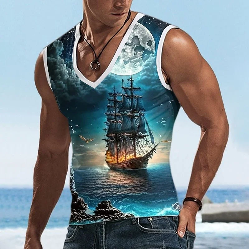 3D Printed Navigation Ship Tank Tops For Men Ocean Moon Pattern Tees Summer Loose Vacation Street Sport Tops V-Neck Vest