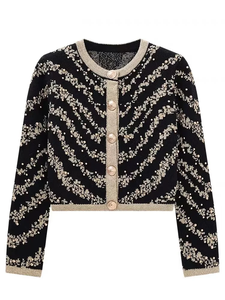

Vintage Elegant Beaded Knit Cardigan Sweater Women Long Sleeve Gold Buttons Tops 2025 Autumn Stylish Chic Fashion Ladies Jumpers