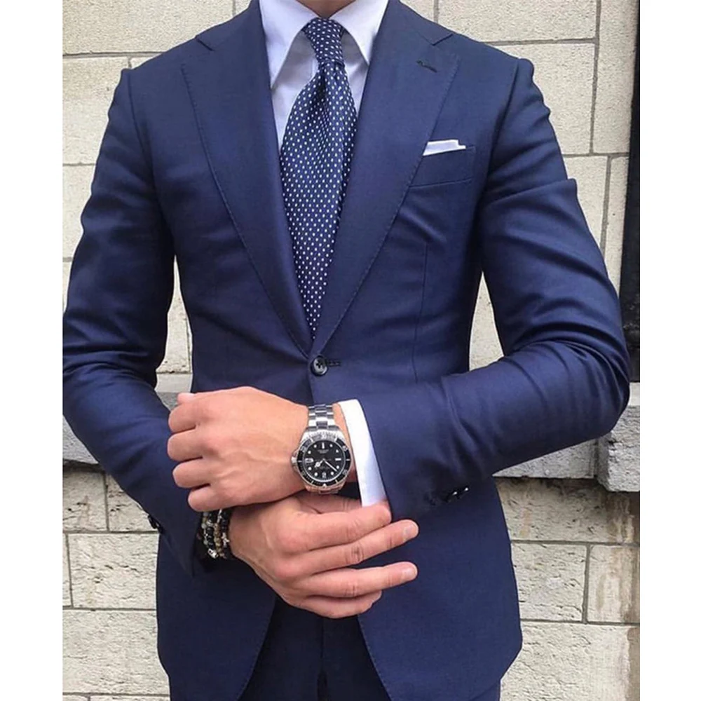 

Solid Color Men Suits Business Casual Wedding Slim Navy Blue 2 Piece Notch Lapel Cotton Linen Male Suit Fashion Blazer Pants