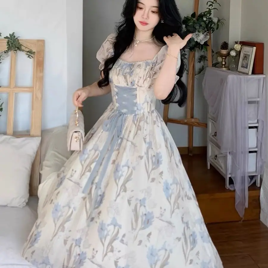 

MAGOGO Elegant Retro Floral Midi Dress Women Ruffles Design Casual Korean Fairy Dress Female Summer Lace-up Vacation Party Dress
