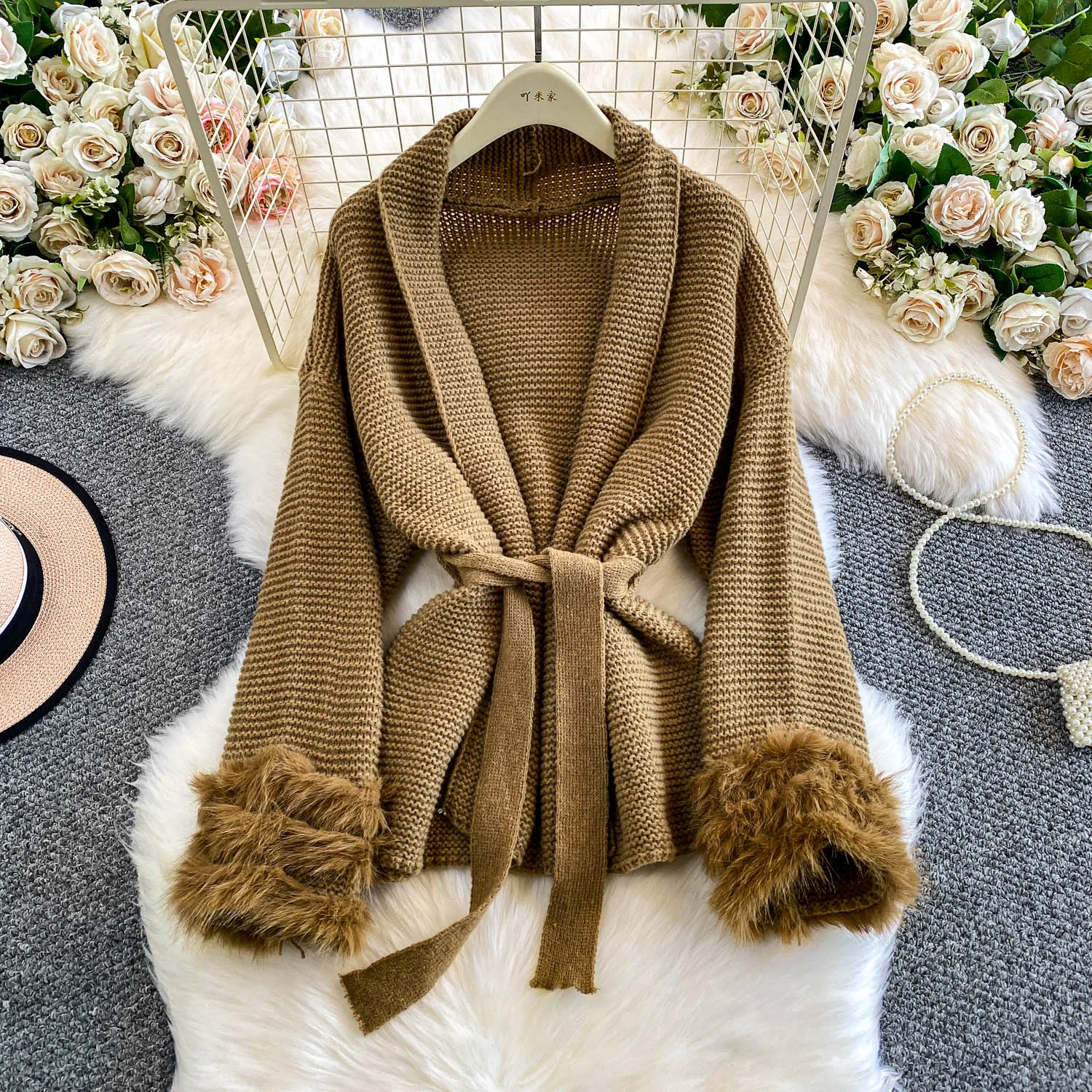 

Women Winter Shawl Cardigan Coat Lady Faux Fur Sleeve Knit Warm Jackets Female Waist Belt Cloak Trendy Festival Open Stitch Tops