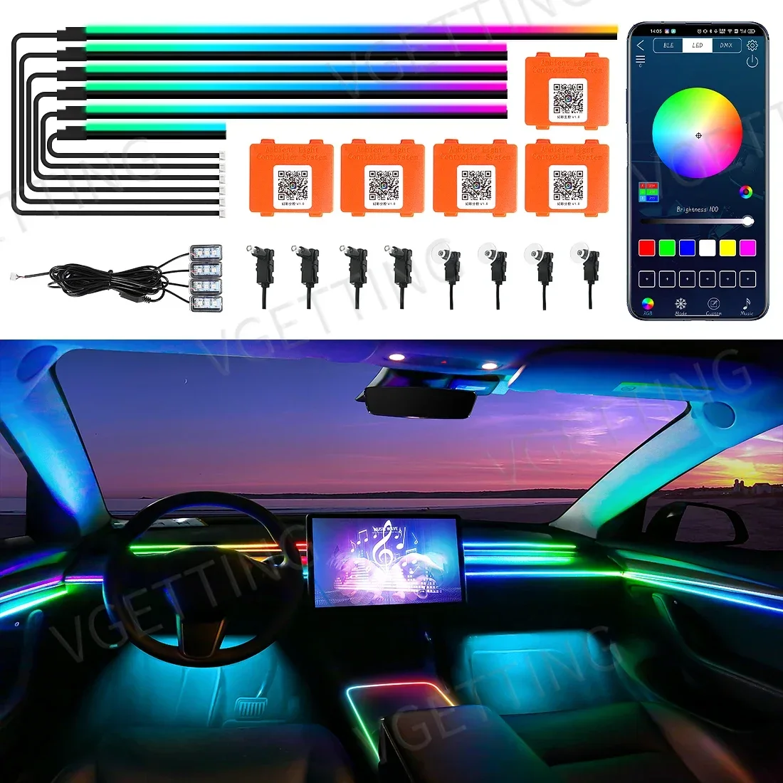 

Vgetting 18 in 1 Car Ambient Lights Dual Zone Symphony RGB LED Interior Acrylic Strips Atmosphere Light Button APP Control 12V