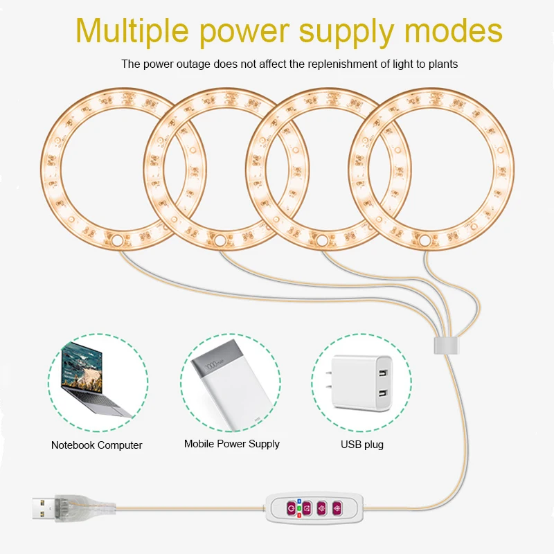 엔젤 링 성장 램프, 식물용 LED 전체 스펙트럼 램프, 실내 식물 묘목 재배실용, DC5V USB 식물 램프