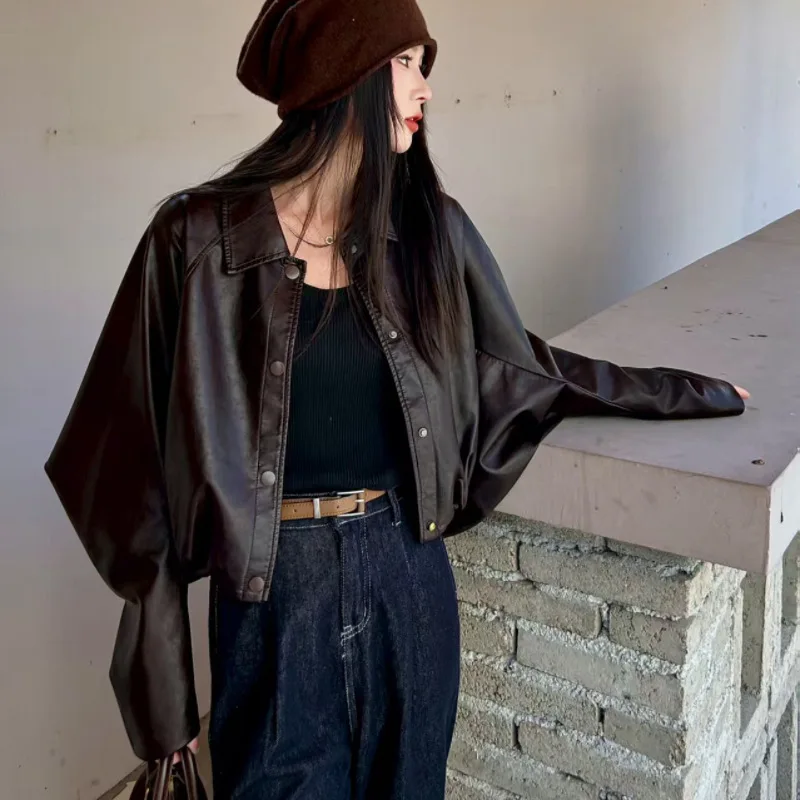 Hong Kong Style Retro Bat Sleeve Leather Jacket Women's 2026 Spring Autumn New Fashionable Fried Street Short Pu Leather Jacket