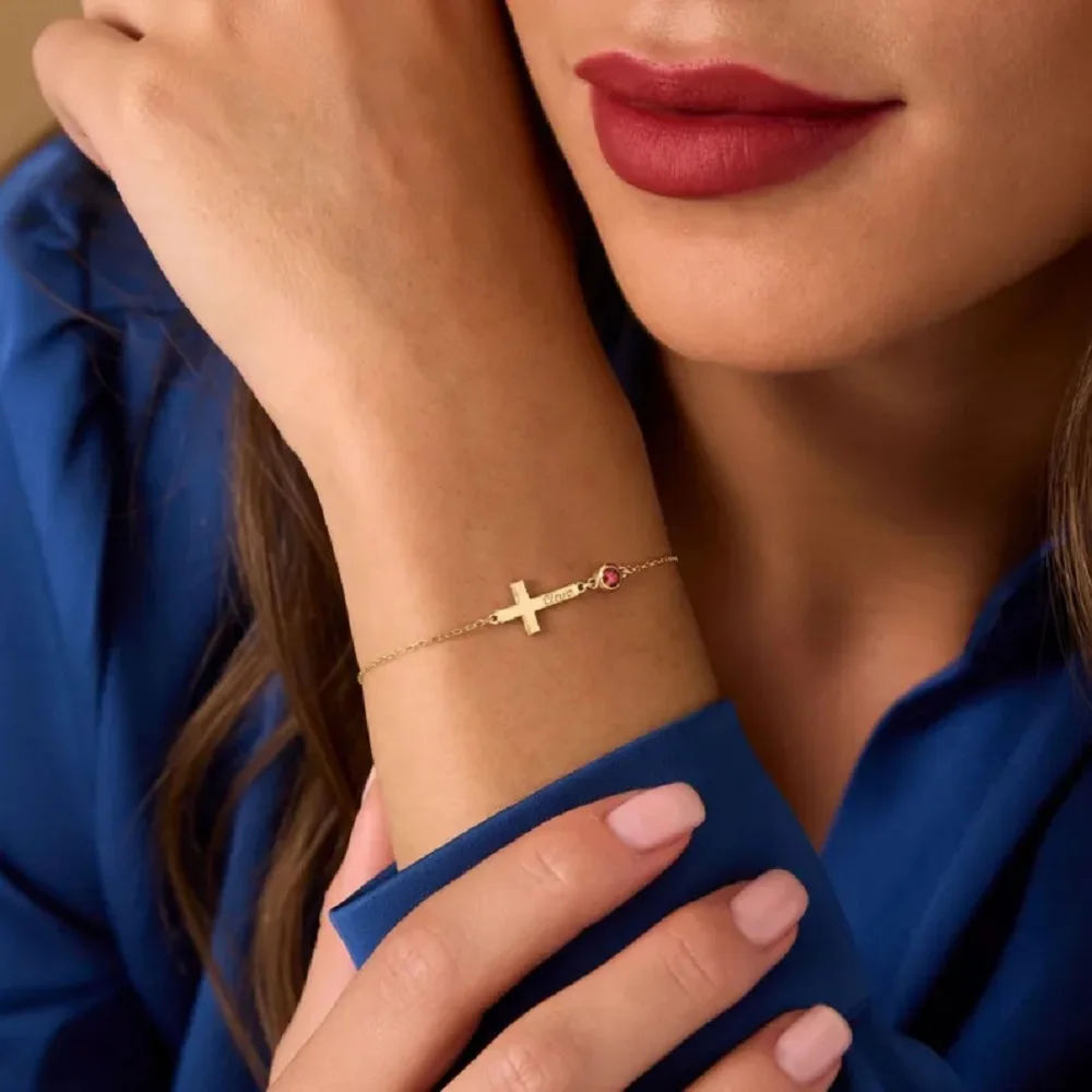 Sipuris Personalisiertes Namensarmband aus Edelstahl mit Kreuzanhänger, personalisiertes Geburtsstein-Namensschild-Armband, Modeschmuck, Hochzeitsgeschenke – Detail 9
