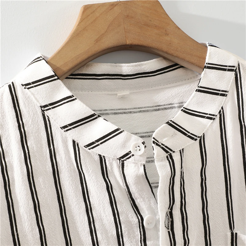 

Loose Fit Men's ort Sve irt Summer Thin Cotton Linen Stripe Pattern Casual Sle Stand Collar f Sve irt