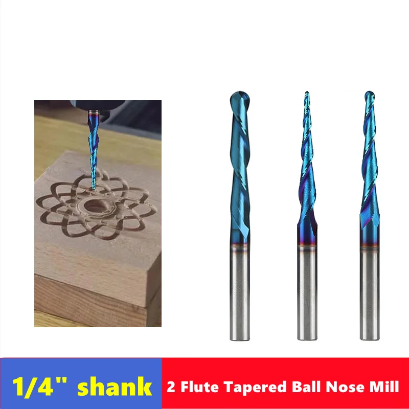 

1/4 Inch （6.35mm） Shank 2 Flute Tapered Ball Nose End Mill , Carbide CNC Router Bit aluminium .Plastic. Acrylic trimming knife