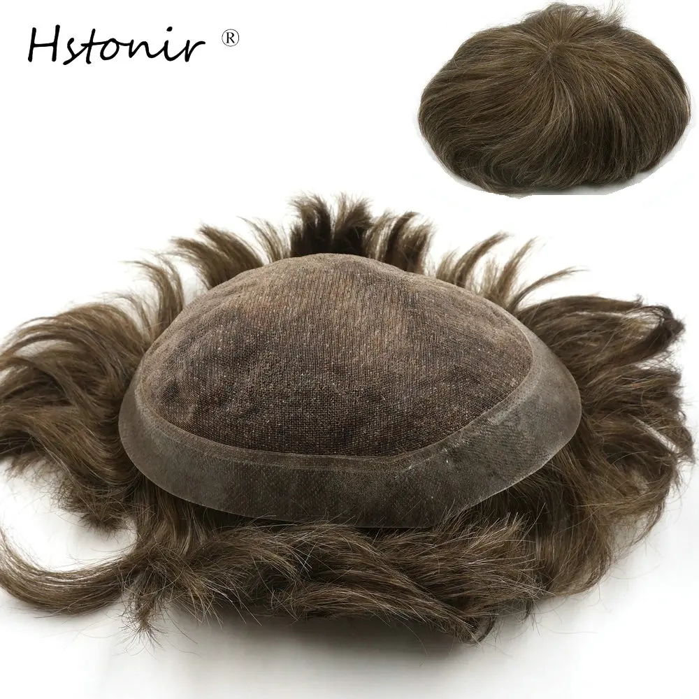 

Hstonir Средне-коричневый с 10% серыми волосами 7x9 дюймов, мужской парик, новый микро-флав, но можно носить, нормально кусок человеческих волос H001