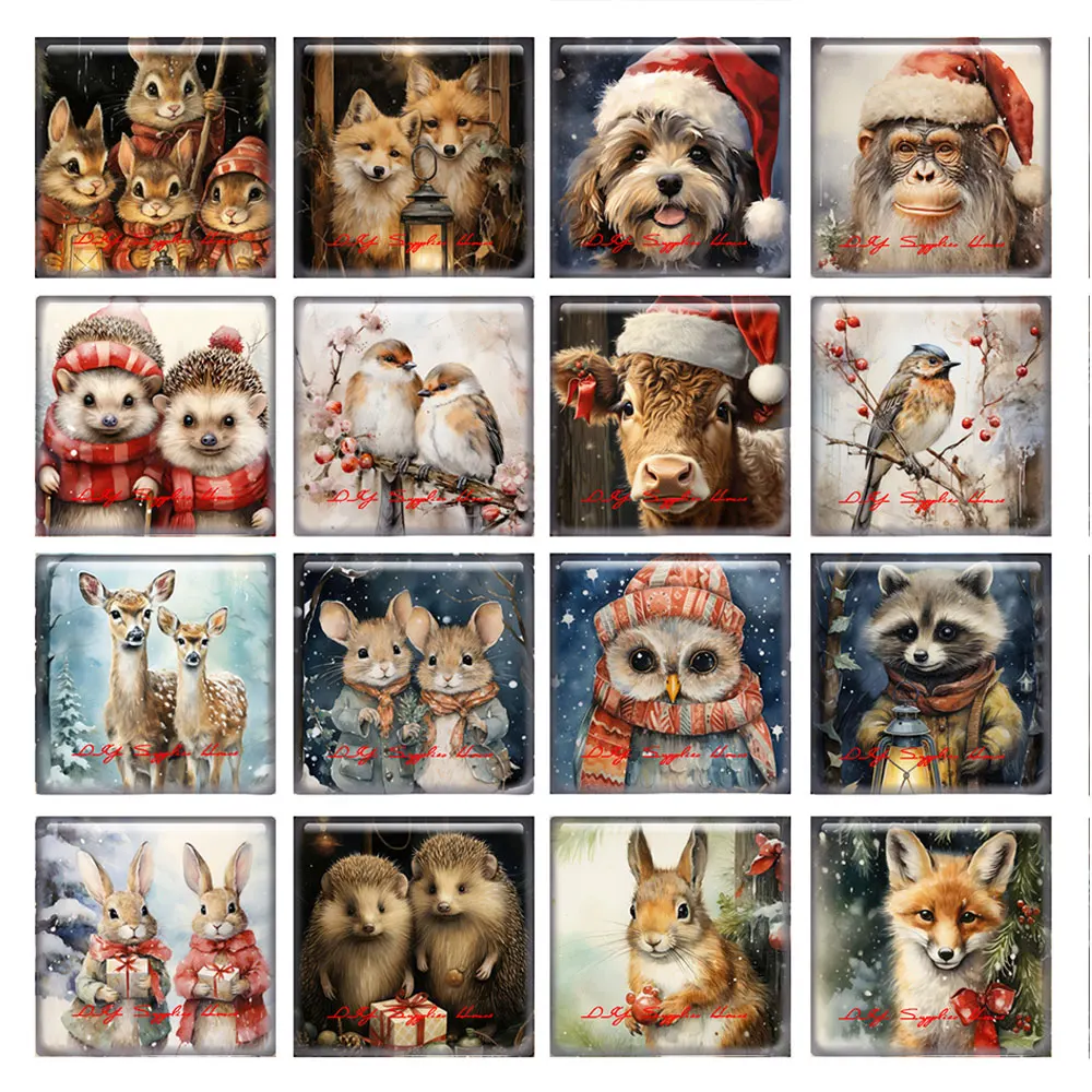 10pcs/lots Christmas X-mas Winter Fox Rabbit Deer Dog Mouse Owl Square Photo Glass Cabochon Demo Cameo For Diy Jewelry Making