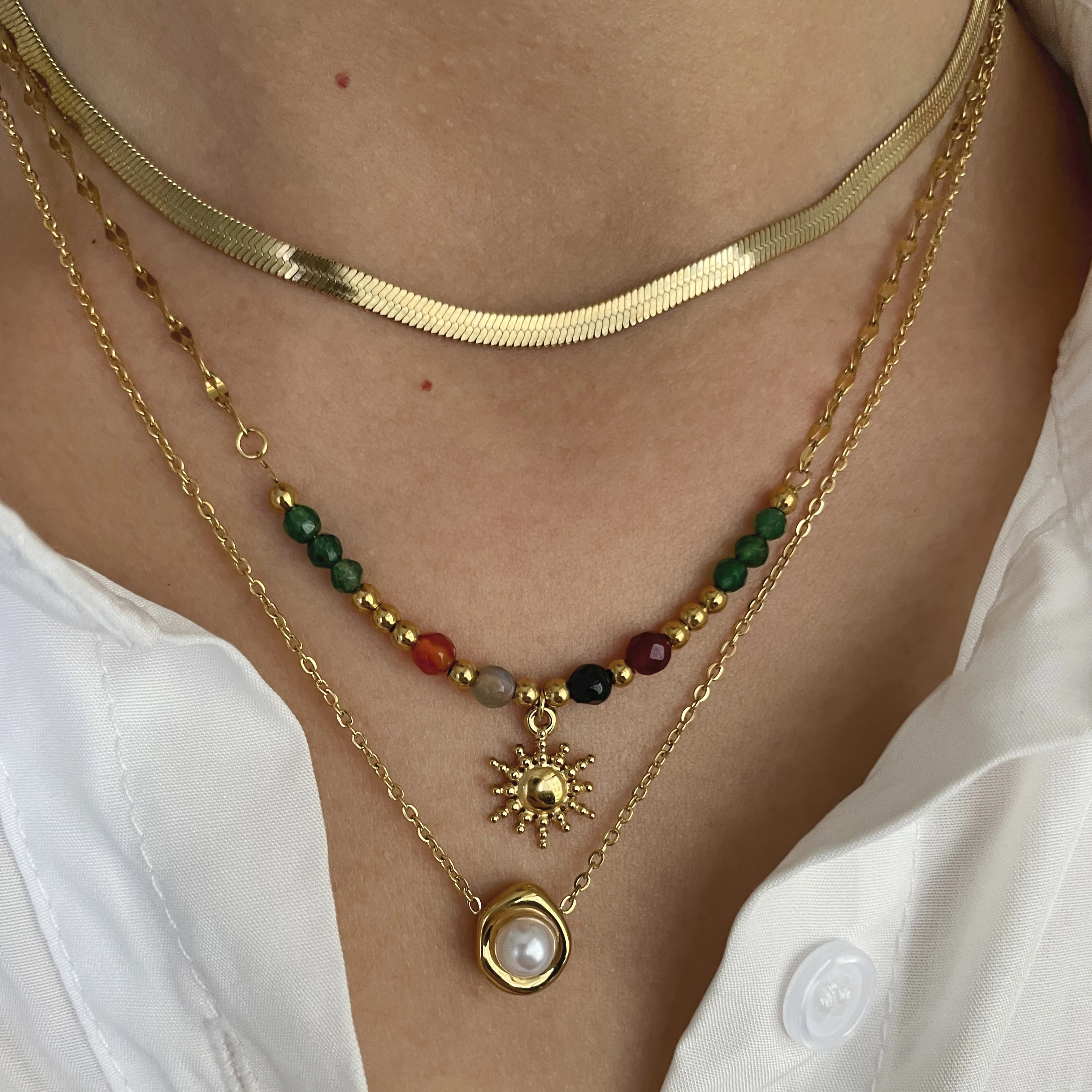 Peri\'sbox Imitation Pearl Natural Stone Sunflower Pendant Necklace Women\'s Stainless Steel Flat Snake Chain Stackable Jewelry