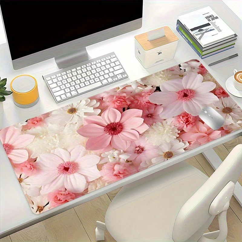 

Pink Floral Large Desk Mat Non-Slip Rubber Base Extended Keyboard and Mouse Pad for Office Gaming