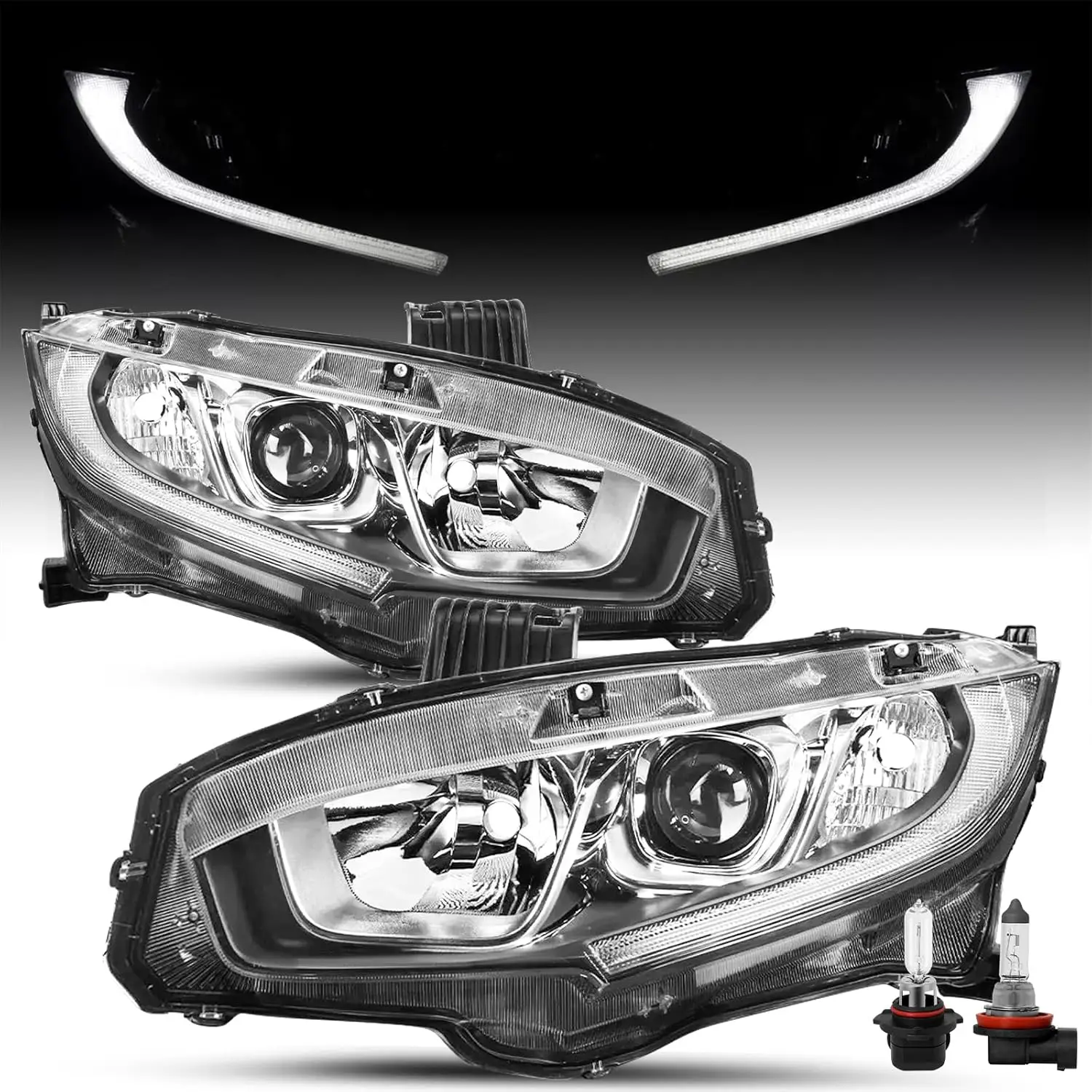 

Для Honda Civic 2016-2021 годов [Halogen Type со светодиодной подсветкой DRL] OEM-проектор, хромированный корпус, замена фары в сборе, пара с